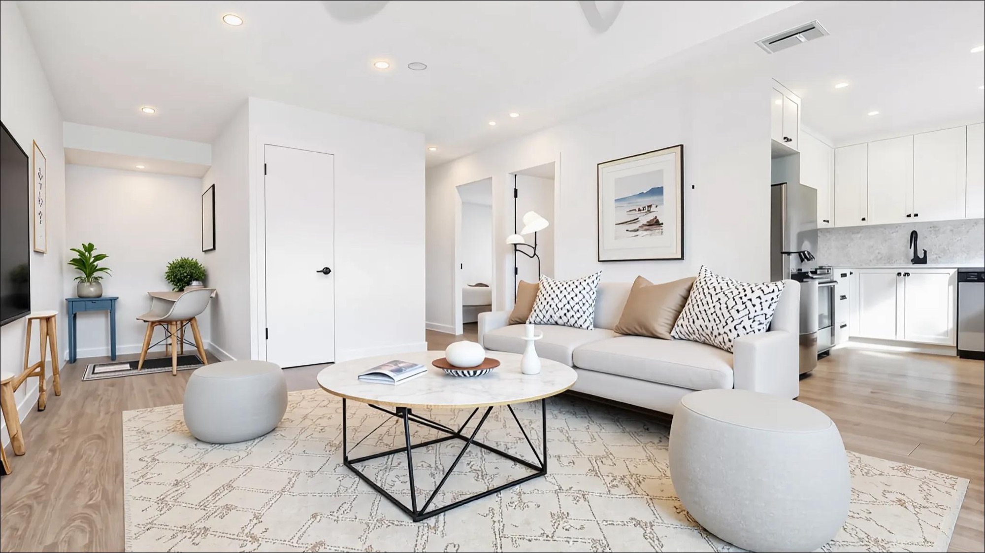 Renovated open-concept living room at Domaine Pelican